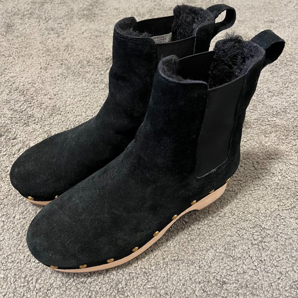 J.Crew Faux-fur lined clog boots in black suede Size 8